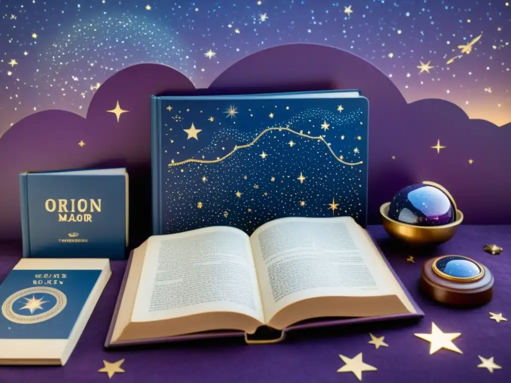 Libros de astronomía para explorar constelaciones bajo un cielo estrellado vintage, evocando nostalgia y fascinación por el universo