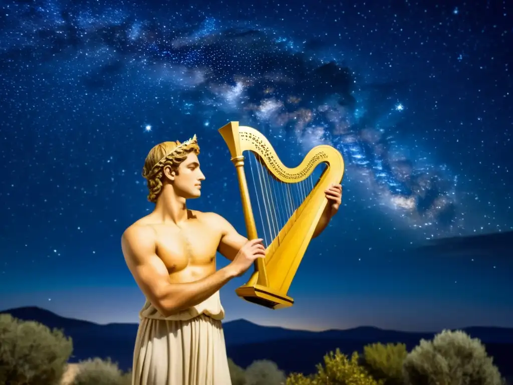 Orfeo toca la lira bajo un cielo estrellado con la constelación de Lira, evocando la mitología y la magia de las estrellas