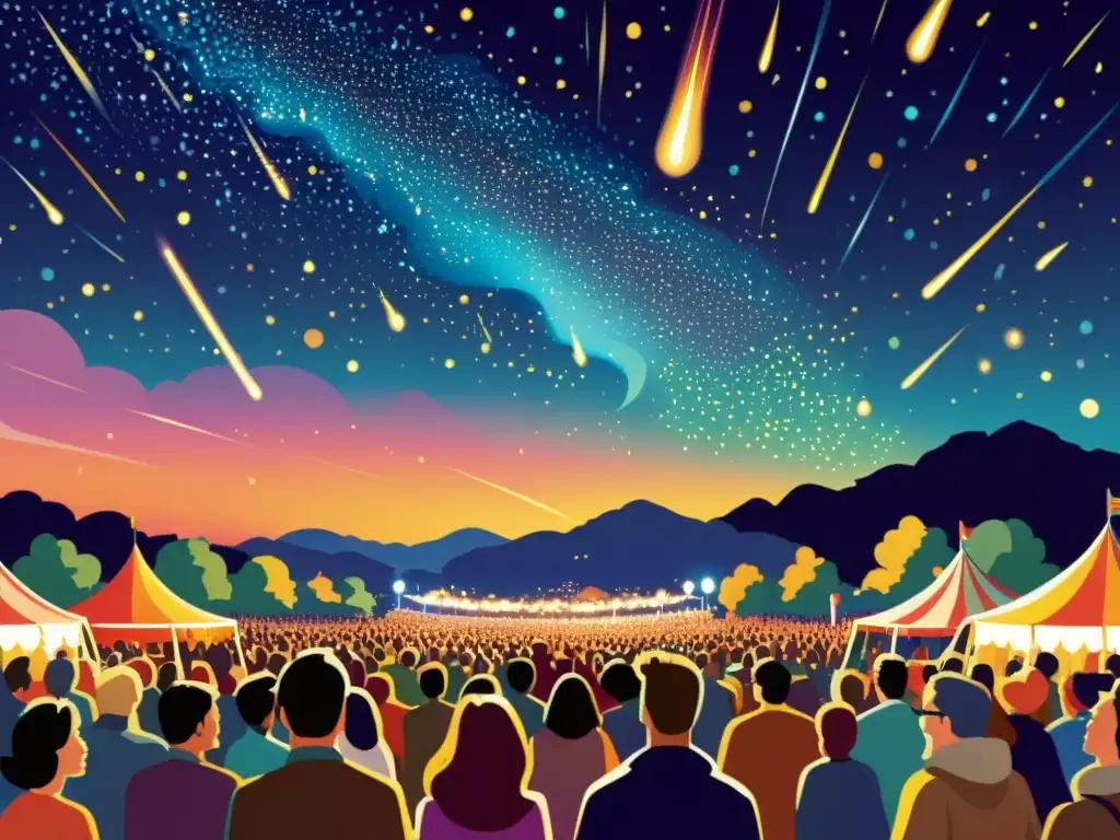 Una ilustración vintage muestra una lluvia de meteoritos iluminando el cielo nocturno sobre un bullicioso festival, donde la gente mira maravillada