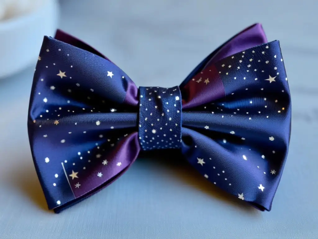 Una lujosa corbata cósmica con estampado celestial en tonos de azul, púrpura y plata sobre terciopelo azul medianoche