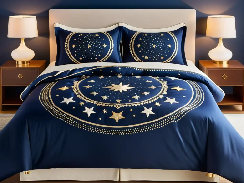 Una lujosa ropa de cama inspirada en constelaciones, con bordados celestiales sobre un fondo azul profundo repleto de estrellas centelleantes