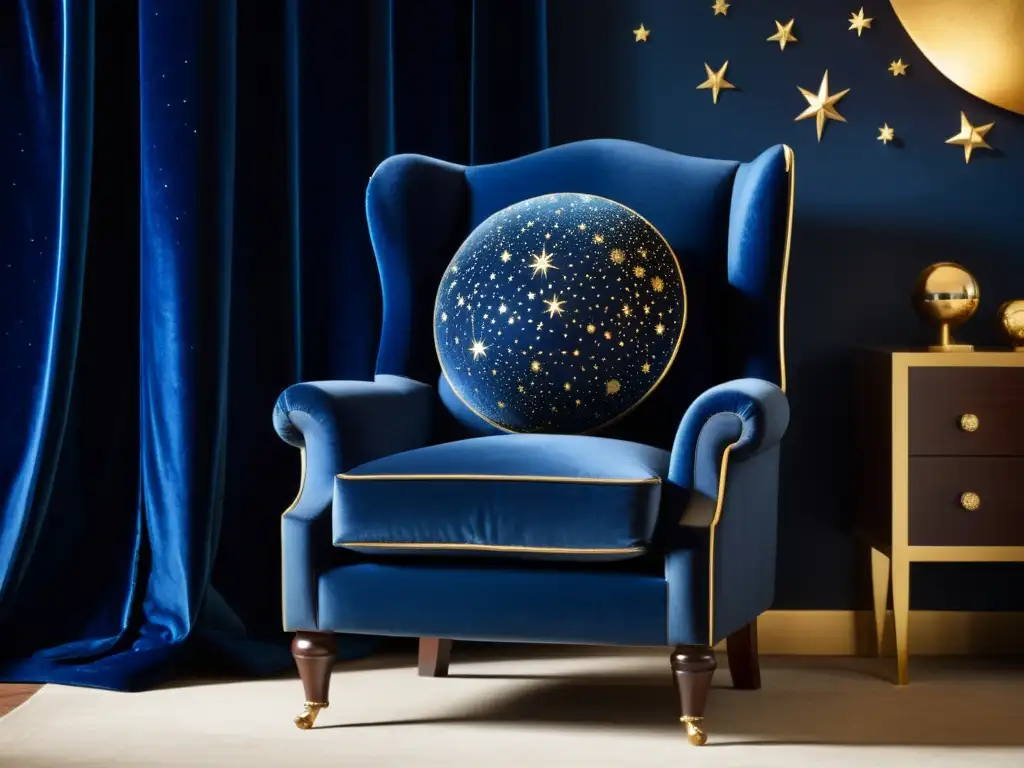 Un lujoso sillón vintage con textiles inspirados en el cosmos para el hogar, en un elegante salón oscuro y opulento