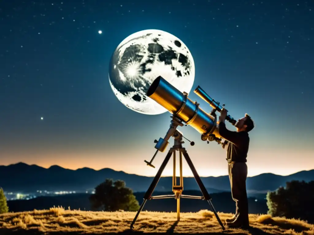 Fotografiar la luna en detalle: Astrónomo montando telescopio bajo la luz de la luna, escena nostálgica en blanco y negro