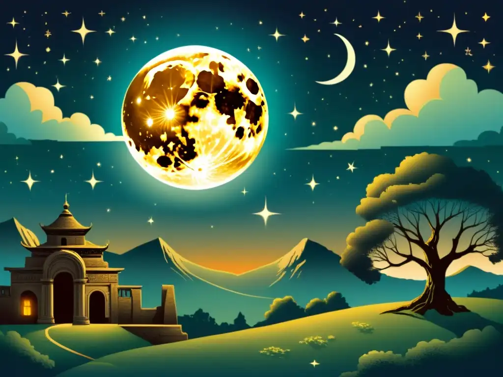 Una ilustración vintage de la Luna Llena, evocando la importancia mitológica de la Luna Llena en un paisaje místico iluminado por su resplandor