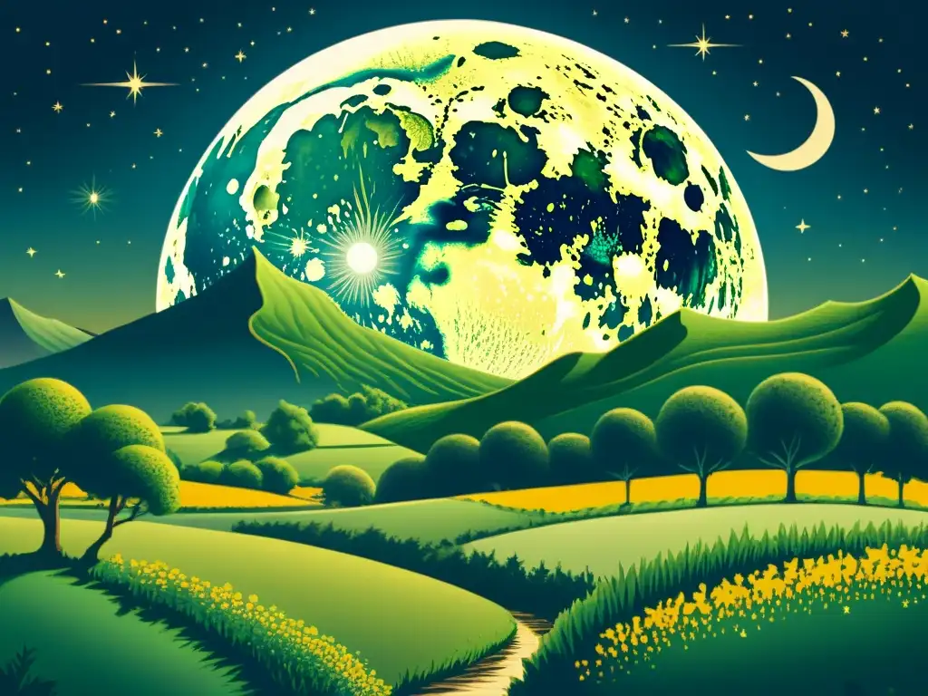 Una ilustración vintage de la Luna llena sobre un paisaje sereno, evocando el impacto cultural y científico de la Luna con detalle realista y etéreo