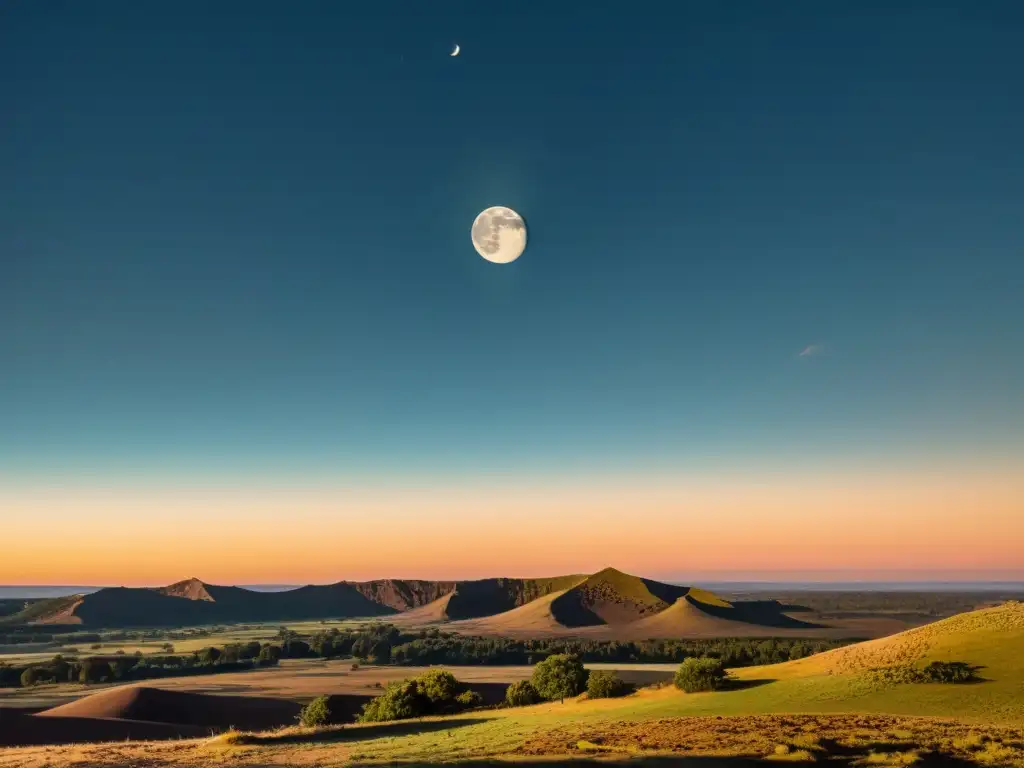 Una fotografía vintage de la luna llena ascendiendo sobre un paisaje en silueta, con su suave resplandor iluminando el área circundante