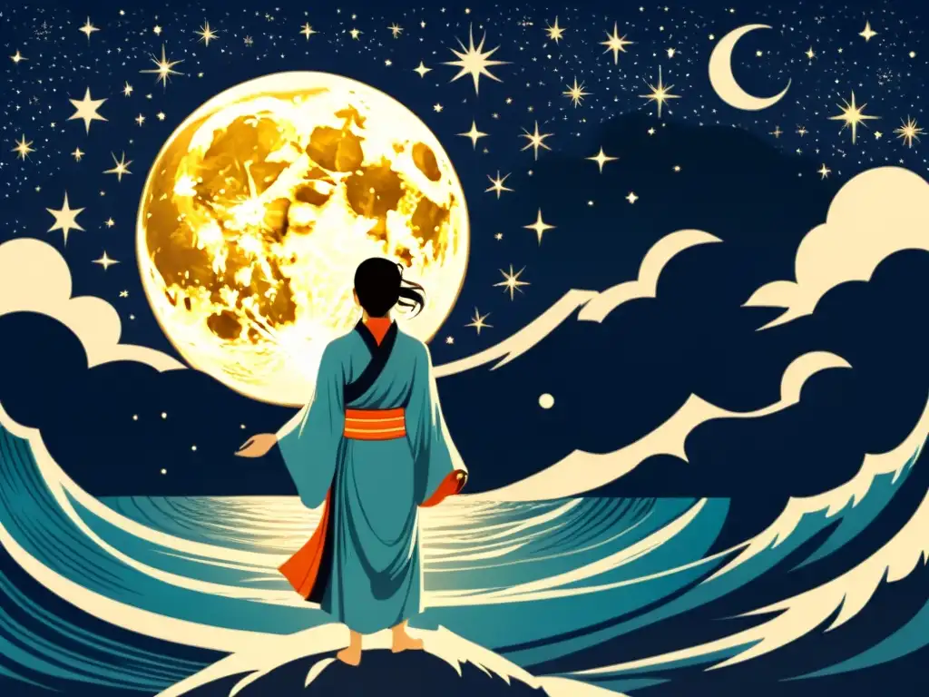 Ilustración vintage de Tsukuyomi, dios de la luna, en la orilla celestial