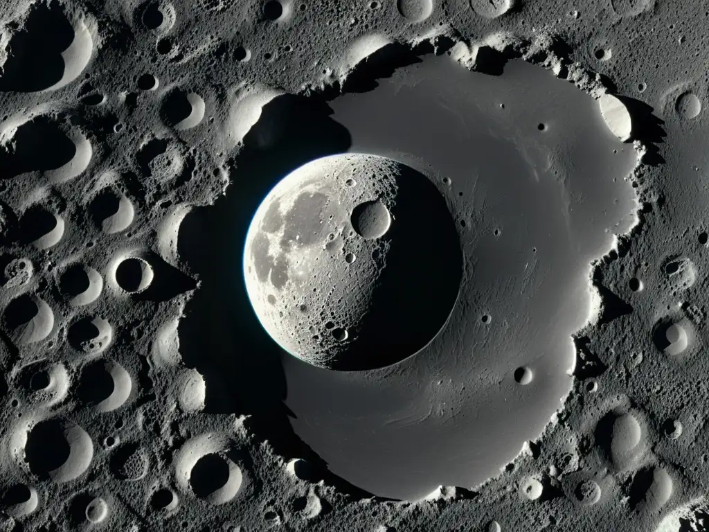 Una fotografía lunar en blanco y negro muestra los detalles de la superficie, con cráteres y terreno rugoso