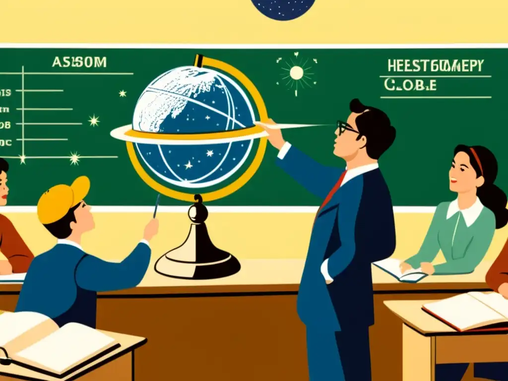 Maestra enseña astronomía con globo celestial a estudiantes en aula vintage