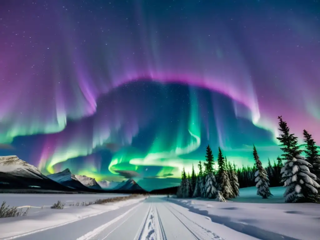 La mágica Aurora Boreal: fenómeno natural místico, con luces verdes, moradas y azules danzando en el cielo nocturno sobre un paisaje nevado, evocando asombro y maravilla