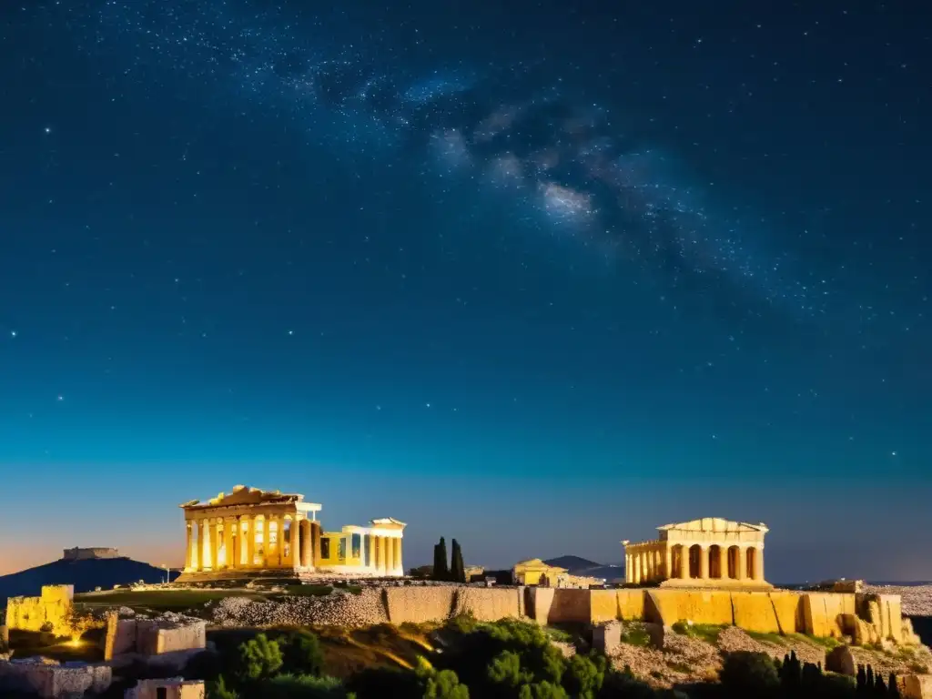 Una mágica noche estrellada sobre la Acrópolis de Atenas, Grecia, capturando la atmósfera de la mitología griega y la astronomía antigua