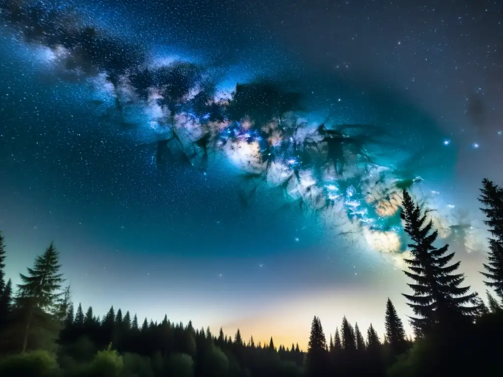 Un mágico cielo estrellado vintage con la Vía Láctea y un bosque oscuro