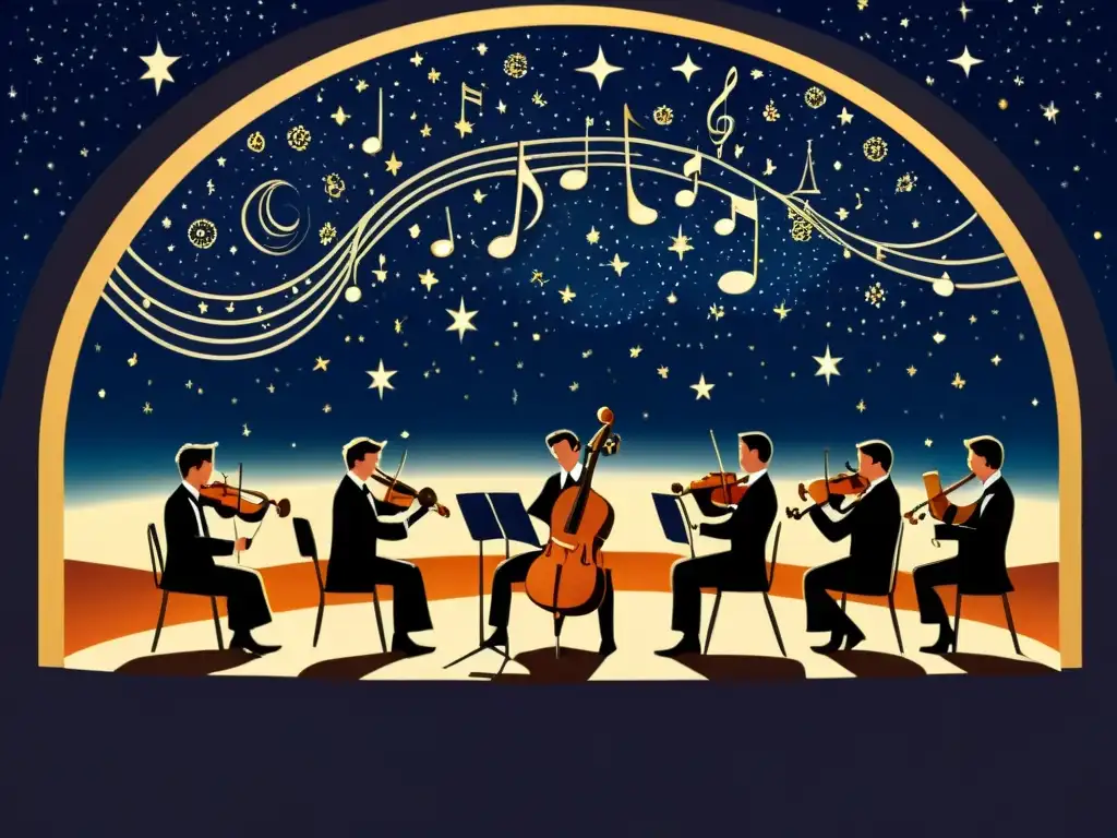 Una ilustración vintage de una majestuosa actuación orquestal bajo un cielo estrellado, fusionando música y astronomía con detalle y elegancia