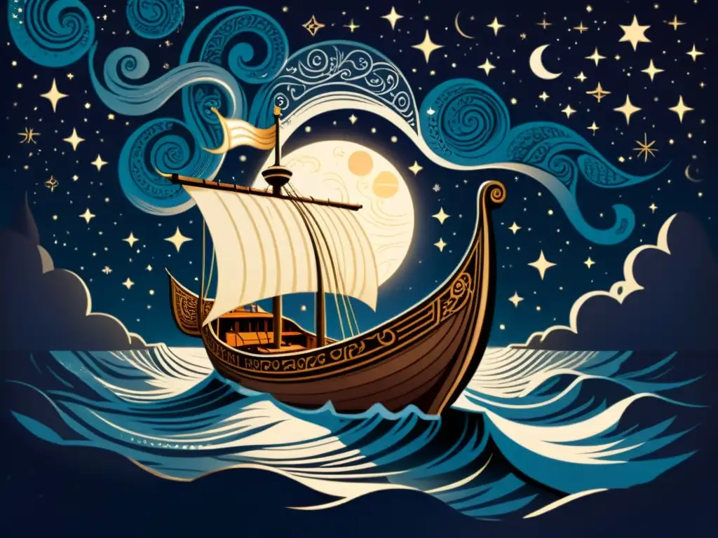 Una majestuosa ilustración vintage de un barco vikingo navegando entre estrellas, evocando el misterio de la Vía Láctea nórdica