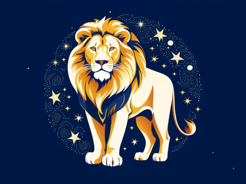 Una majestuosa ilustración vintage de la constelación de Leo, con un león real y estrellado fondo en un cielo índigo profundo