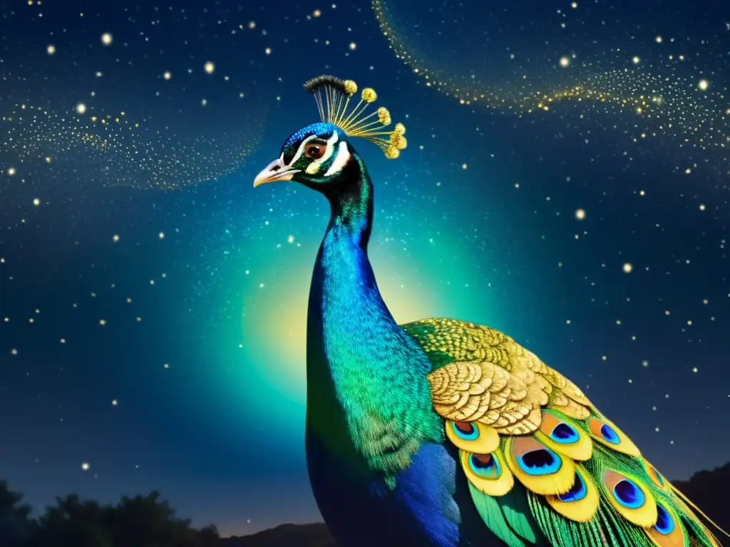 La majestuosa constelación de Pavo, un pavo real en un cielo estrellado vintage