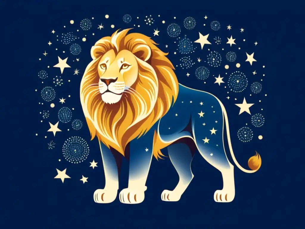 Una majestuosa ilustración vintage de la constelación de Leo, un león regio rodeado de estrellas brillantes en un cielo nocturno azul profundo