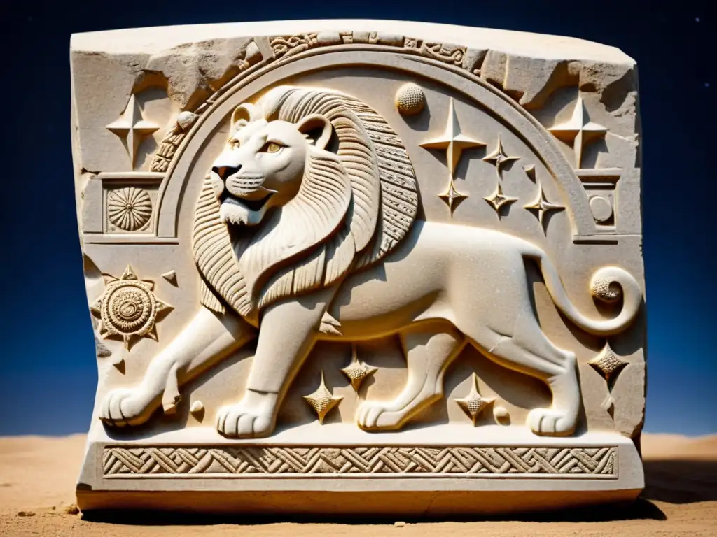 Una majestuosa escultura en relieve de piedra estilo vintage de la antigua Babilonia, representa al león de la constelación de Leo