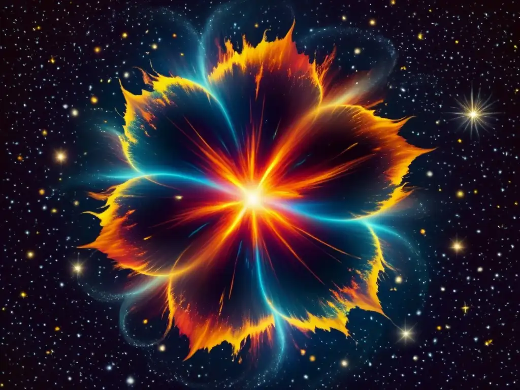 Una ilustración vintage de una majestuosa explosión de supernova en el espacio, con impactantes tonos de rojo, naranja y amarillo irradiando desde el centro