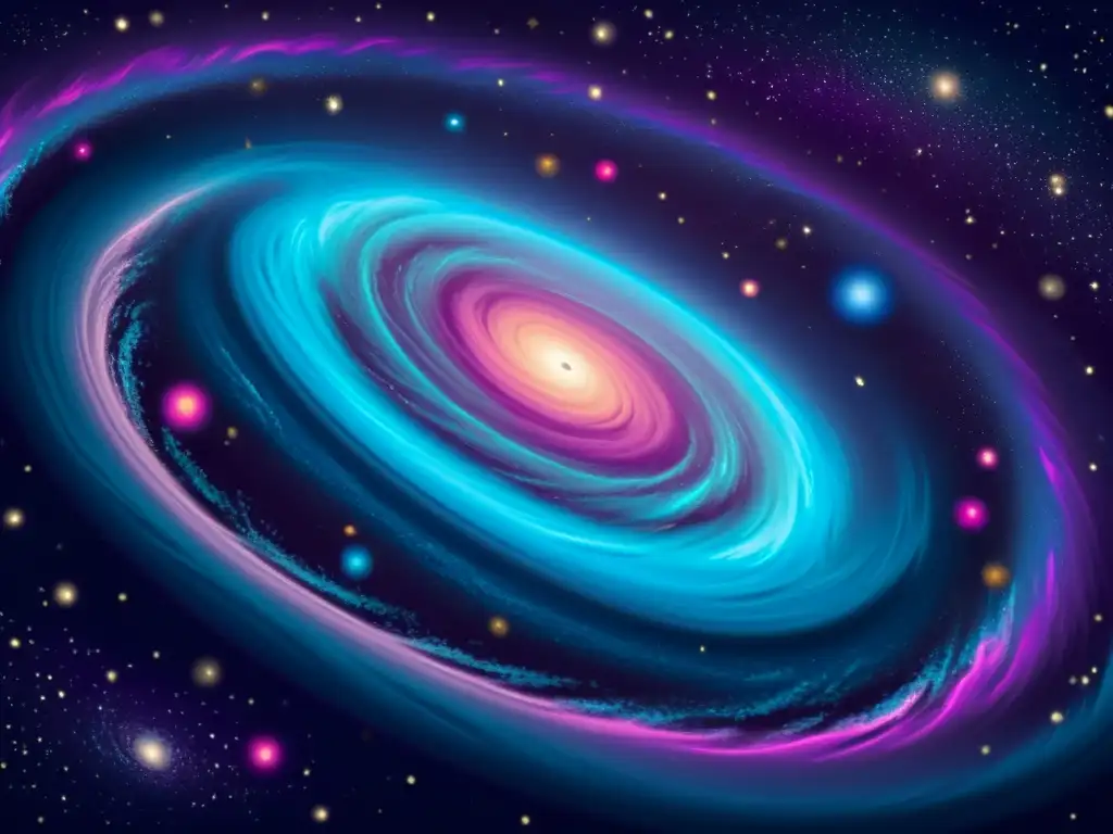 Una ilustración vintage de una majestuosa galaxia en espiral con tonos vibrantes de azul, púrpura y rosa