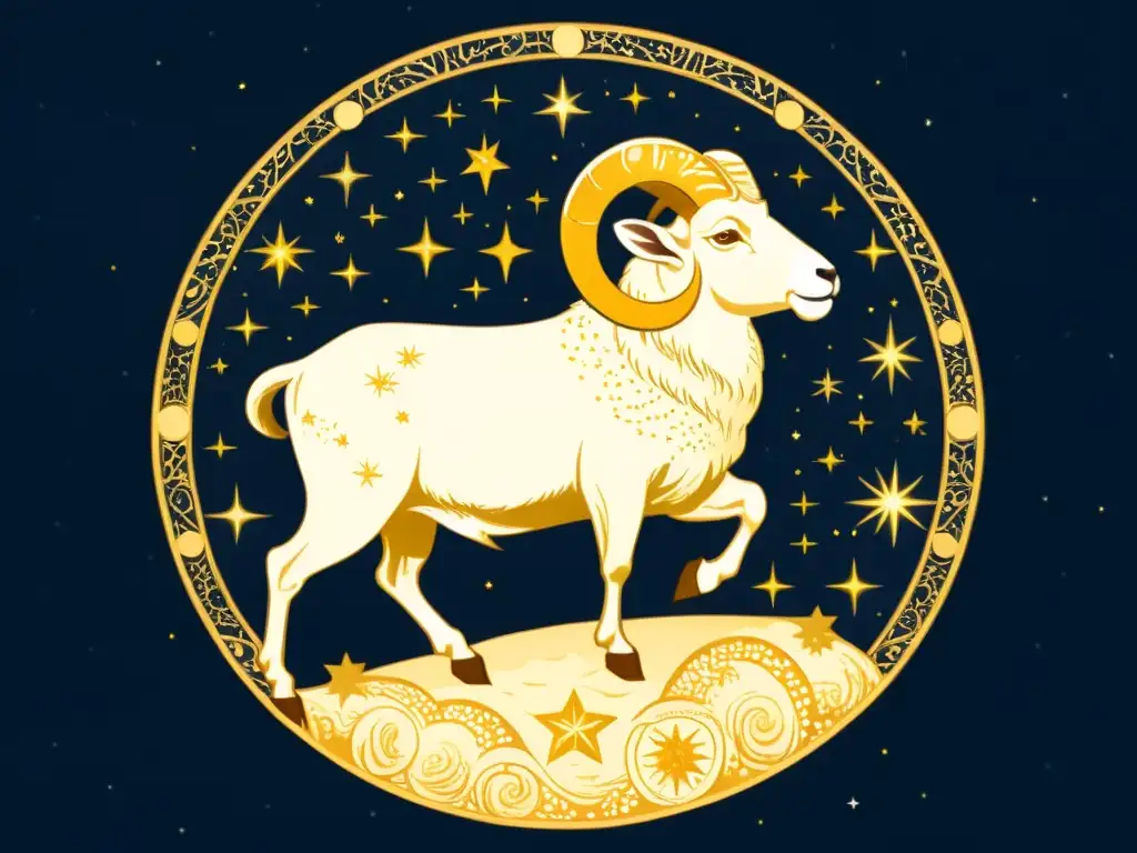 Una majestuosa ilustración vintage de la constelación de Aries, un imponente carnero con el vellocino de oro, en un cielo estrellado evocando misticismo y maravilla celestial