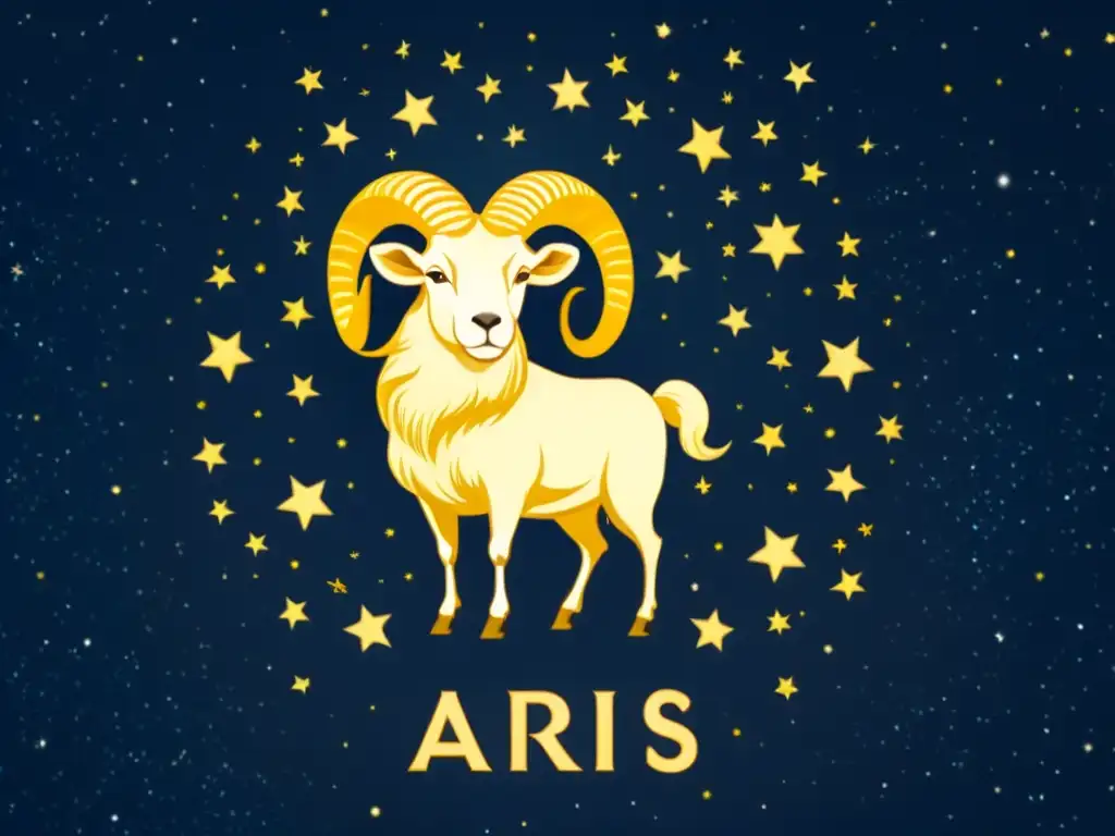 Una majestuosa ilustración vintage de la constelación de Aries, con un poderoso carnero de lujoso pelaje dorado entre las estrellas