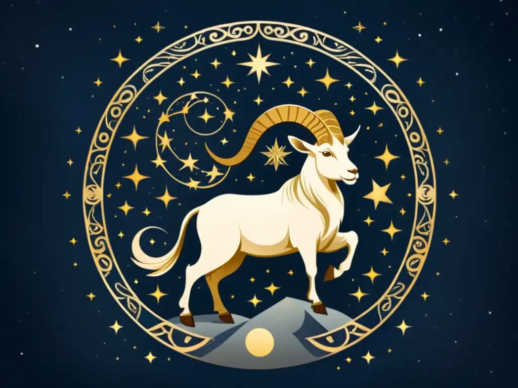 Una majestuosa ilustración vintage del signo zodiacal Capricornio, con una cabra de grandes cuernos destacándose en un cielo estrellado