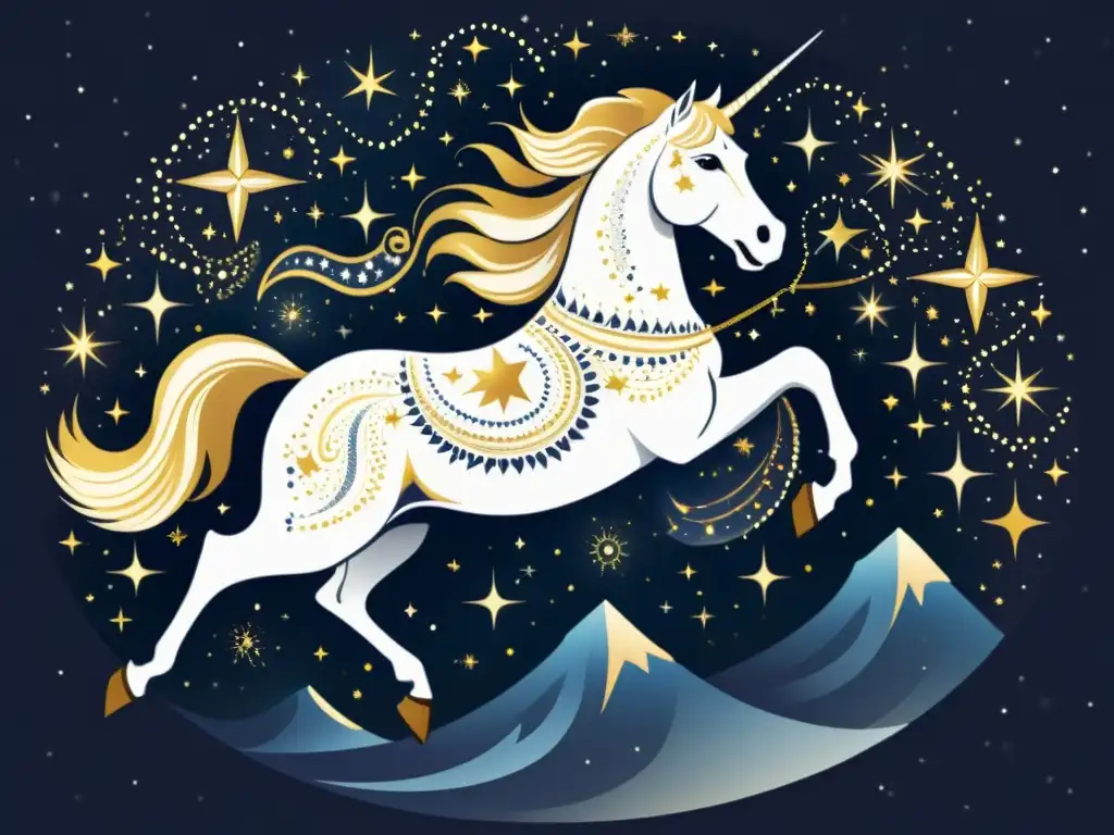 Majestuoso caballo blanco galopando en el cielo nocturno, iluminando el paisaje estelar con la energía de la mitología asociada a estrellas Markab