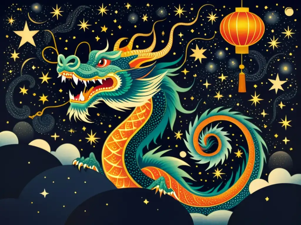 Un majestuoso dragón chino surca el cielo estrellado, con fenómenos astrales en tradiciones chinas