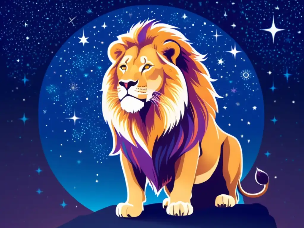 Un león majestuoso en un cielo estrellado con la constelación de Leo, evocando la influencia de Leo en astrología