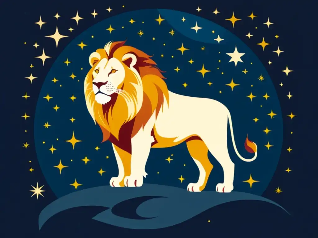 Un majestuoso león bajo un cielo estrellado, con la constelación Leo y simbolismos astrales de la mitología africana