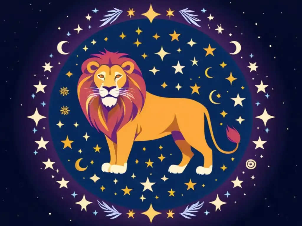 Un majestuoso león constelado en un cielo estrellado, rodeado de símbolos y colores evocadores de la mitología africana y el simbolismo astral