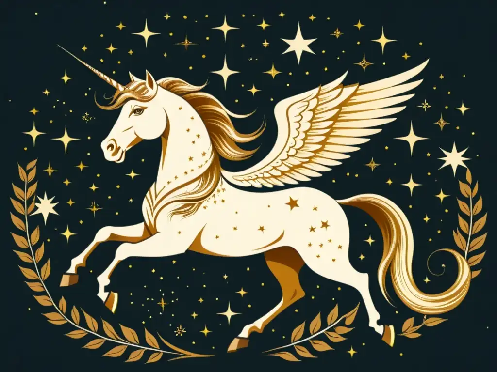 Un majestuoso Pegaso rodeado de estrellas en tonos cálidos, evocando nostalgia y la mitología asociada a la constelación Pegaso