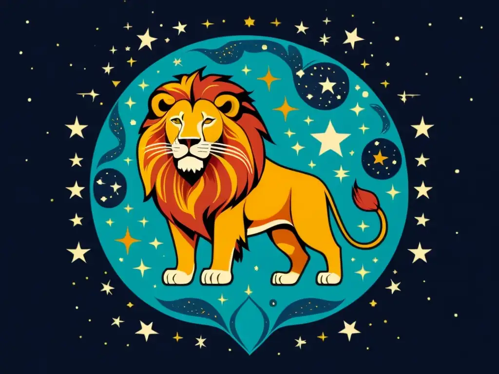 Un majestuoso león rodeado de estrellas en la constelación de Leo, con colores ricos y detalles intrincados que muestran su belleza cósmica