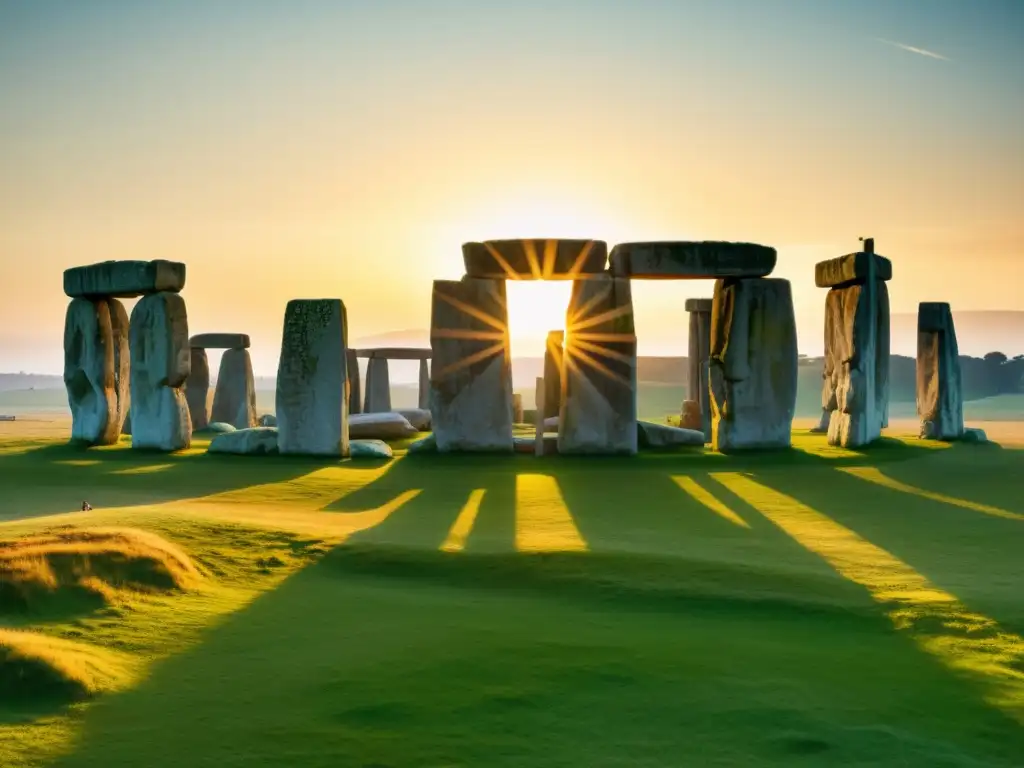 Majestuoso Stonehenge al amanecer en solsticio de verano, bañado en luz dorada celestial