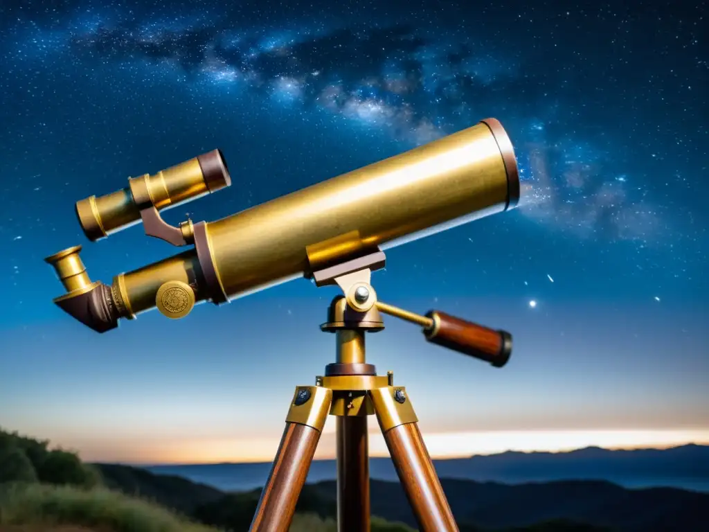 Un majestuoso telescopio antiguo de latón en trípode, apuntando hacia el cielo estrellado