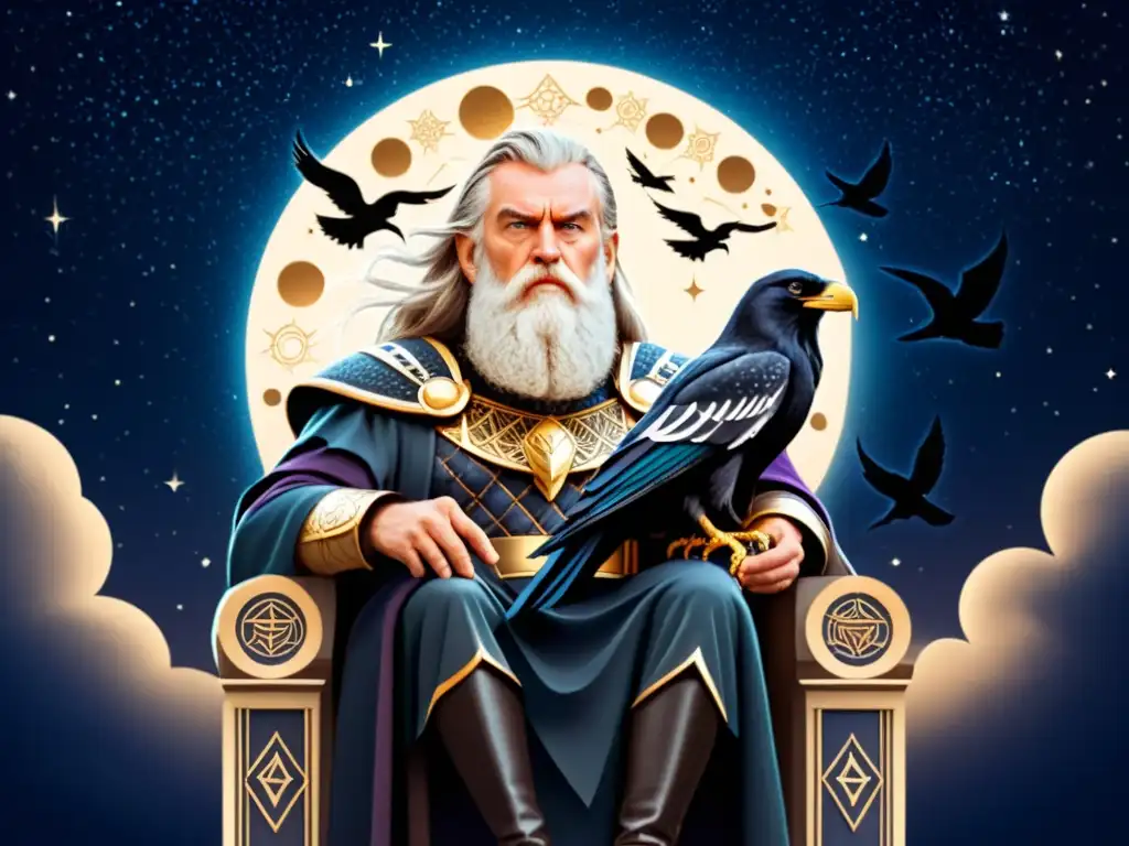 Odin, majestuoso en su trono en Asgard, con sus fieles ravens y constelaciones mitológicas de Odin en el cielo nocturno