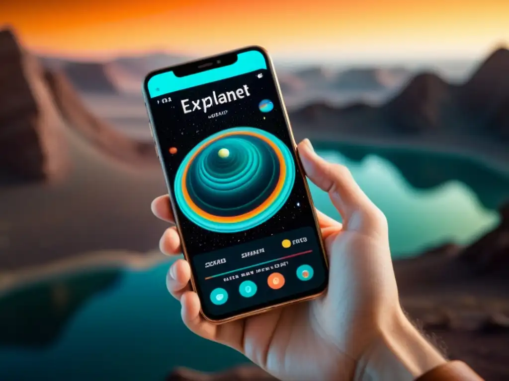 Mano sostiene móvil vintage con app de exploración exoplanetas