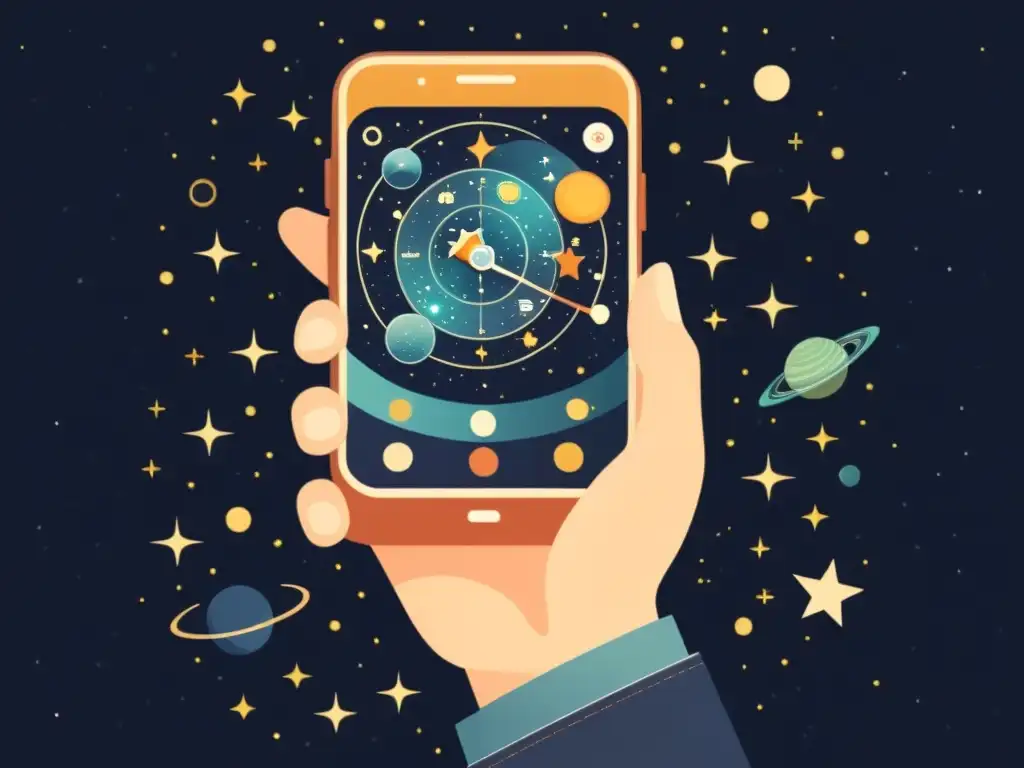 Mano sosteniendo un teléfono móvil vintage con app de observación astronómica, bajo un cielo estrellado y cálido