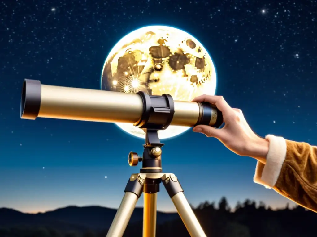 Manos vintage limpian con cuidado el telescopio bajo la luz de la luna