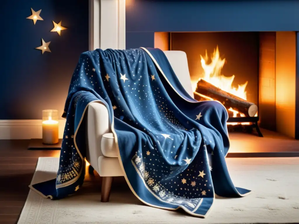 Una manta celestial estrellada cubre un sillón junto a la chimenea, creando un ambiente cálido y acogedor para abrigarte