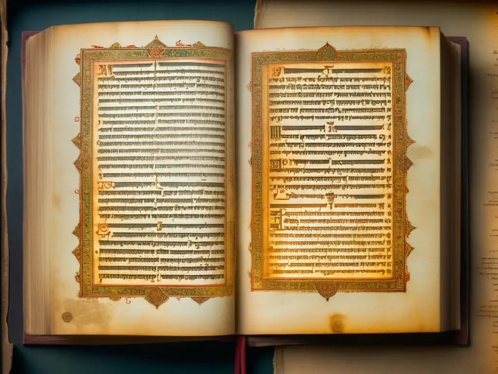 Manuscrito antiguo del Rigveda iluminado en una biblioteca tenue, interpretando versos cósmicos Rigveda