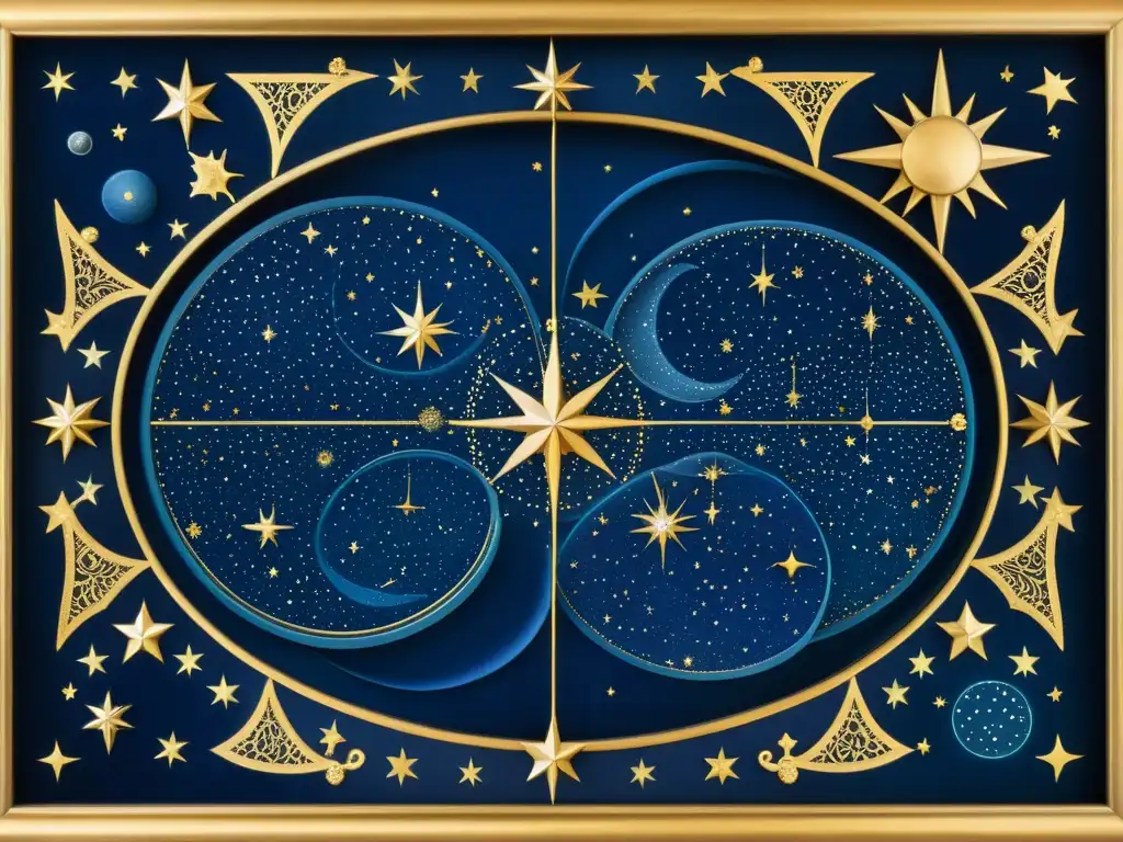 Mapa antiguo del cielo nocturno con constelaciones detalladas en oro sobre terciopelo azul, enmarcado en oro