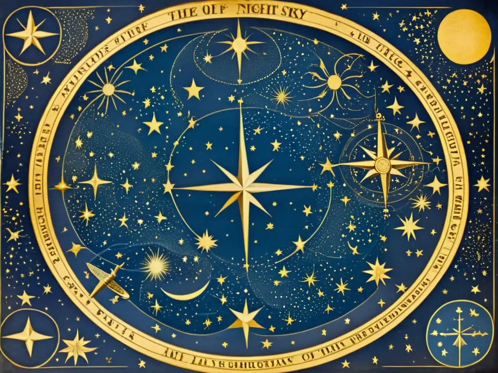 Mapa antiguo del cielo nocturno con mitología asociada a constelaciones estelares, ilustraciones detalladas en tonos azules y amarillos