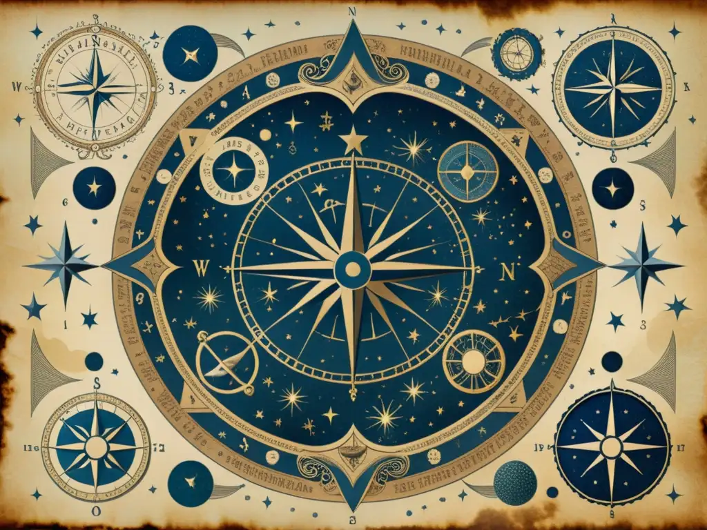 Mapa antiguo con constelaciones y marcadores de navegación celestial