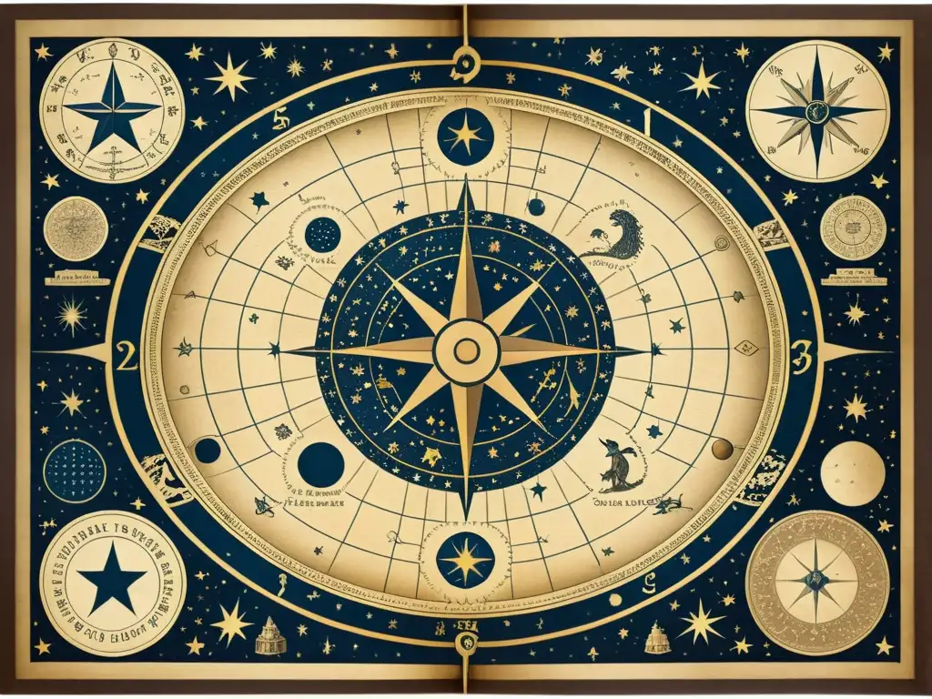 Mapa estelar antiguo: constelaciones y mitología en pergamino Mapa antiguo de estrellas y constelaciones, con ilustraciones detalladas de criaturas míticas y héroes, en pergamino envejecido con tonos sepia
