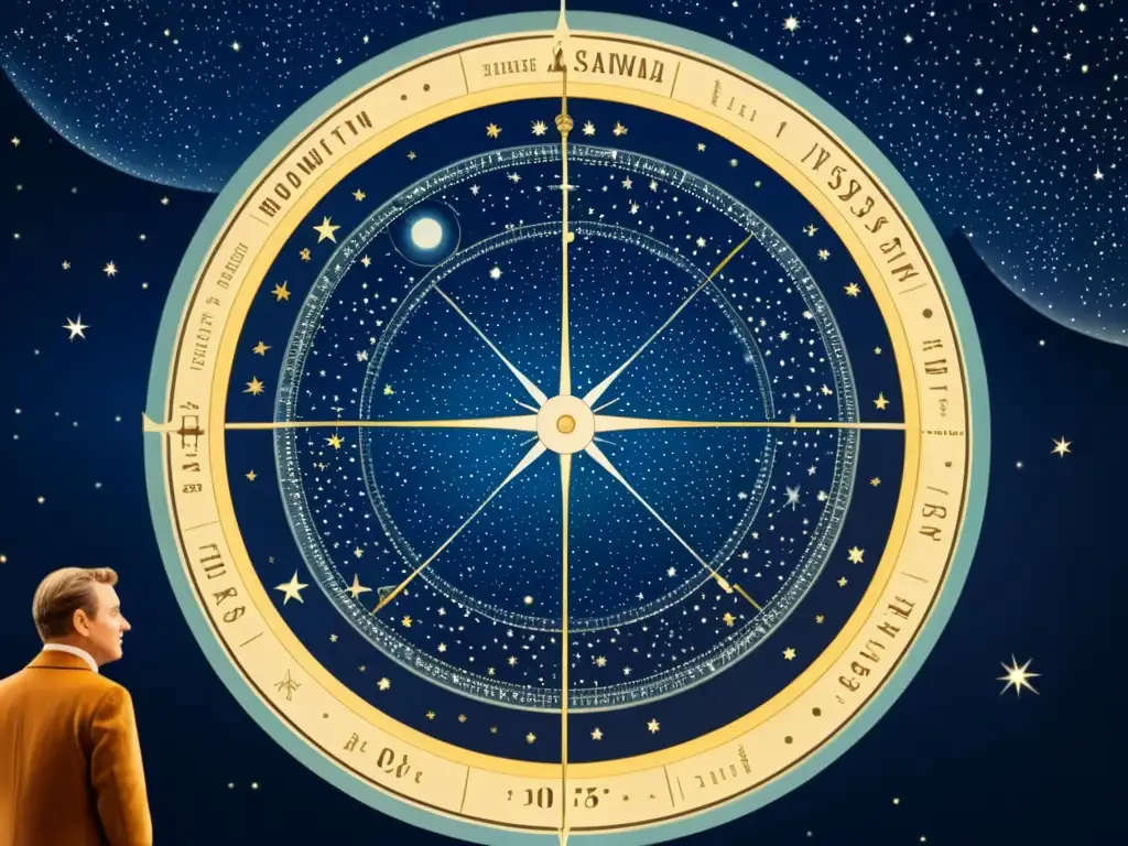 Mapa astronómico antiguo con constelaciones y estrellas, evocando el conocimiento ancestral y la belleza atemporal de los movimientos estacionales de las estrellas