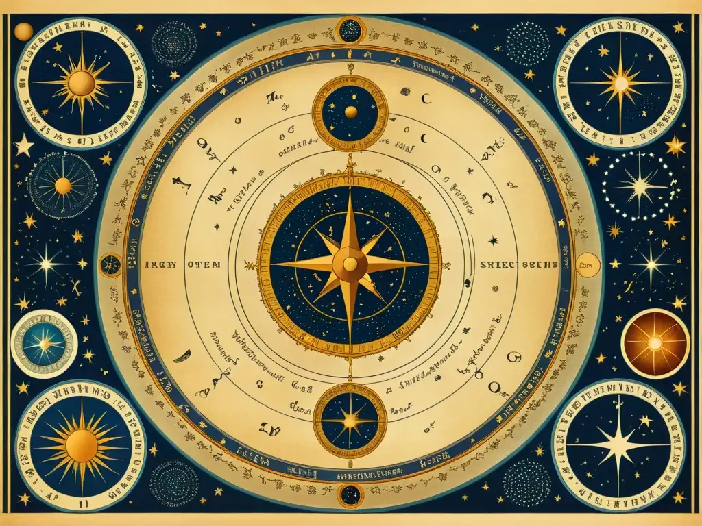 Mapa astronómico vintage con colecciones de constelaciones y estrellas, detallado y elegante en tonos cálidos y envejecidos