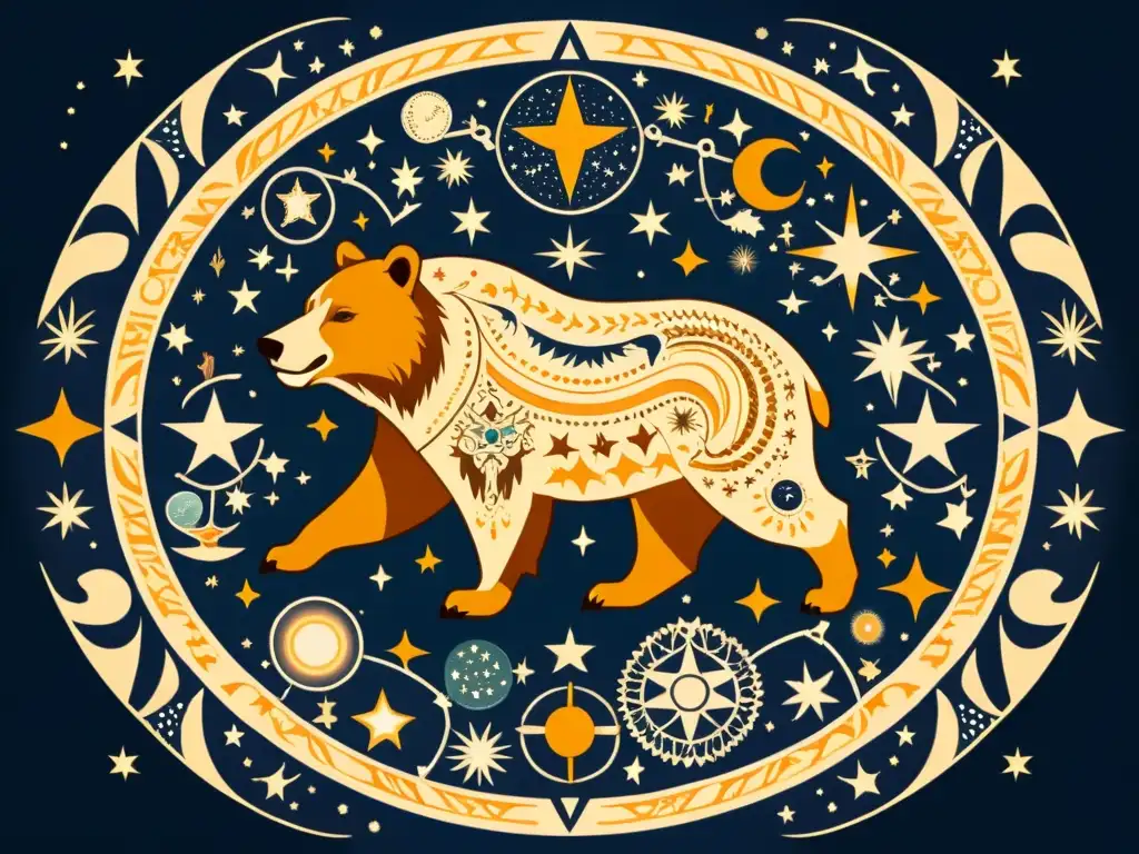 Mapa celestial con animales nativos americanos entrelazados en estrellas y símbolos, evocando sabiduría ancestral y significado celeste