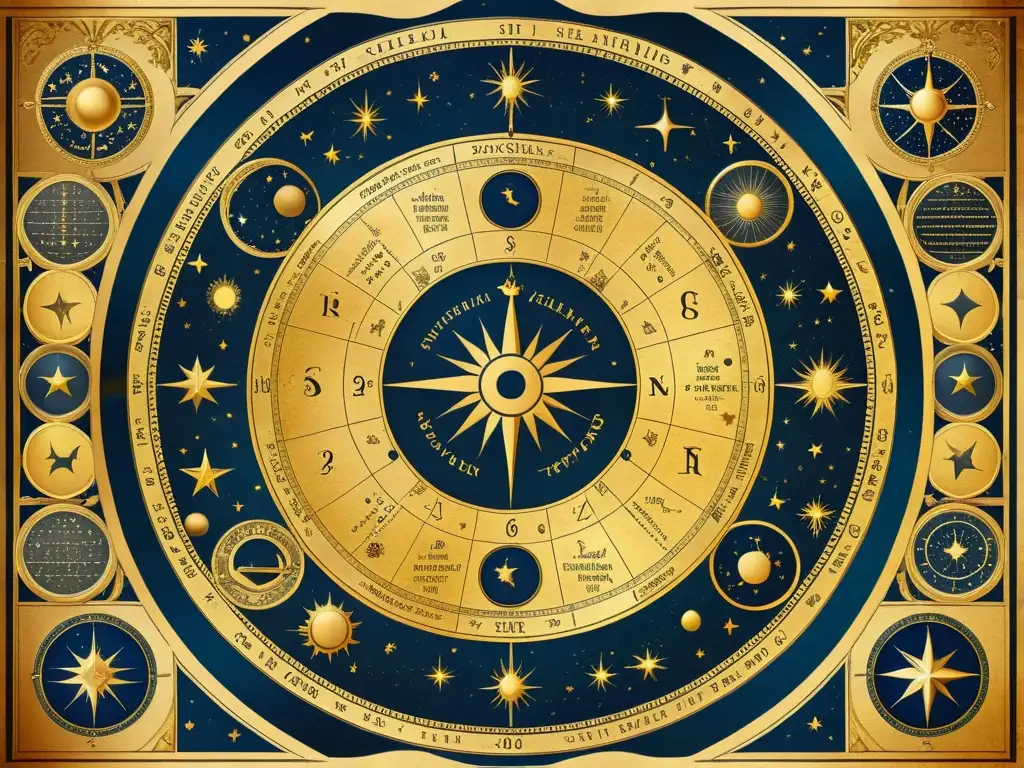 Mapa celestial antiguo con signos del zodíaco y constelaciones, rodeado de elementos celestiales y ornamentos dorados